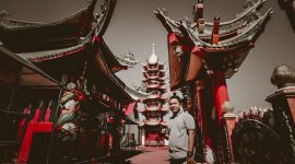The Editor-in-Chief of Klik Madura, Prengki Wirananda, is at the premises of Avalokitesvara Temple, Polagan Village, Galis District, Pamekasan Regency, Madura.
