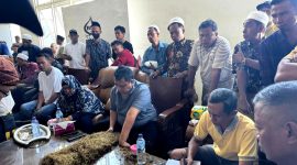CEO PT. Bawang Mas Group H. Khairul Umam saat menyeleksi tembakau yang hendak dibeli di Gudang Induk Bawang Mas di Desa Blumbungan, Kecamatan Larangan beberapa waktu lalu.