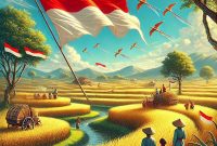 Nuansa persawahan dengan para petani memegang bendera merah putih. (SUMBER FOTO: AI)
