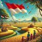Nuansa persawahan dengan para petani memegang bendera merah putih. (SUMBER FOTO: AI)