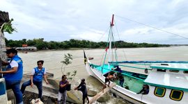 Kru PT PLN UP3 Madura menaikkan bibit pohon ke atas perahu yang sandar di Dermaga Cangkarman, Desa Aengbaja Kenen, Kecamatan Bluto, Sumenep untuk dibawa ke Pulau Gili Raja. (FOTO: PRENGKI WIRANANDA / KLIKMADURA)