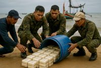 Ilustrasi prajurit TNI mengamankan narkoba yang terapung di laut. (FOTO BUATAN AI)