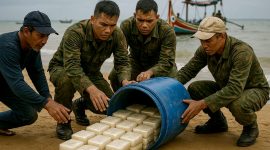Ilustrasi prajurit TNI mengamankan narkoba yang terapung di laut. (FOTO BUATAN AI)