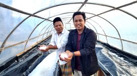 Pemred Klik Madura Prengki Wirananda bersama Pendiri Kedai Reka Cipta Garam Prof. Makhfud Effendi menunjukkan hasil produksi garam dengan kualitas super. (DOK. KLIKMADURA)