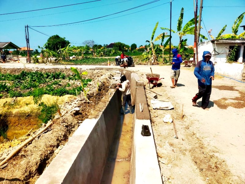 TERIK: Pekerja mengerjakan pembangunan saluran irigasi di Desa Jarin menuju Desa Pegagan, Kecamatan Pademawu, Pamekasan. (DINAS PUPR PAMEKASAN FOR KLIKMADURA)