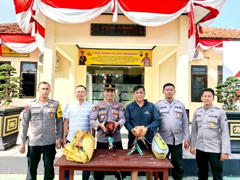 Kapolsek Sokobanah, Iptu Sujiyono menunjukkan barang bukti hasil penggerebekan sabung ayam di Dusun Polai Laok, Desa Bira Tengah, Kecamatan Sokobahan, Selasa (12/08/2025). (ISTIMEWA)