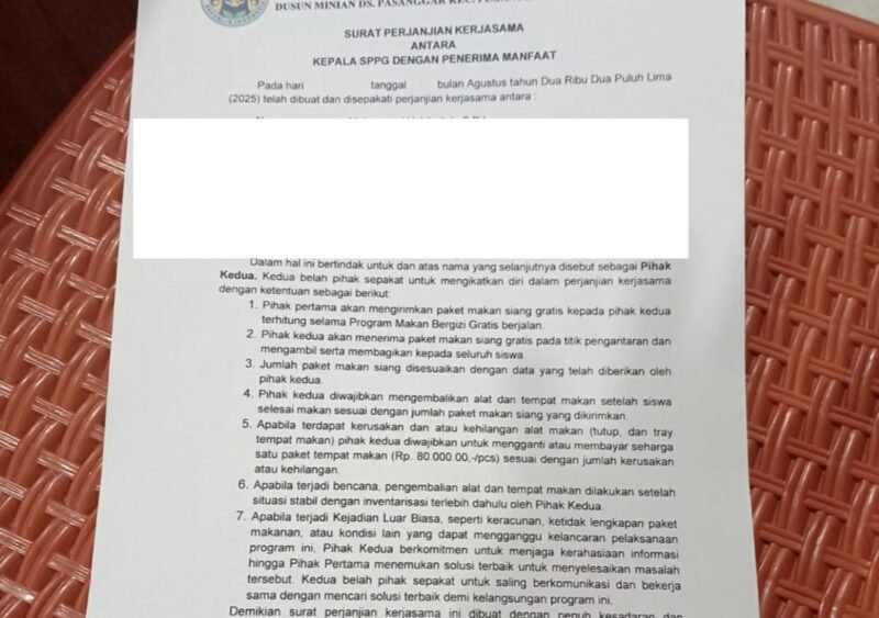 Foto surat perjanjian antara SDN Pasanggar I dengan penyedia MBG yang diterima redaksi KLIK MADURA.