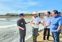 Wakil Bupati Pamekasan, H. Sukriyanto didampingi Kepala Dinas Perikanan (Diskan) Abdul Fatah dan Wakil Ketua DPRD Pamekasan, Ismail meninjau proses panen garam di Desa Majungan, Kecamatan Pademawu. (MOH. IQBALUL KHAVEI MZ / KLIKMADURA)