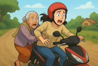 Ilustrasi seorang perempuan membonceng nenek sebelum terjadi penganiayaan. (SUMBER: AI)