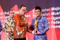 Bupati Pamekasan Dr. KH. Kholilurrahman saat menerima penghargaan IGA 2025 dari Kemendageri. (DOK. KLIKMADURA)