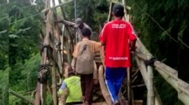 Siswa SDN Palengaan Daja 1 melintasi jembatan dari bambu menuju sekolahnya. (KLIKMADURA)