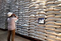Petugas tengah melakukan pengecekan stok beras di gudang penyimpanan Bulog Sub Divre XII Madura. (MOH. IQBALUL KHAVEI MZ / KLIKMADURA)