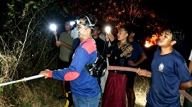 Petugas pemadam kebakaran berusaha menjinakkan api di Dusun Larangan Gulbung, Kecamatan Pangarengan, Kabupaten Sampang. (KLIKMADURA)