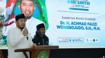 Bupati Sumenep Achmad Fauzi Wongsojudo menyampaikan sambutan saat Kick Off Peringatan HSN 2026 yang digelar PCNU Sumenep. (KLIKMADURA)