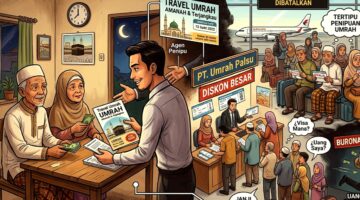 Ilustrasi penipuan umrah. (Meta AI)