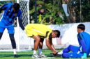 Skuad Bhayangkara FC saat latihan di Lapangan Puri Dewata Mini Soccer (PDMS) Pamekasan. (KLIKMADURA)